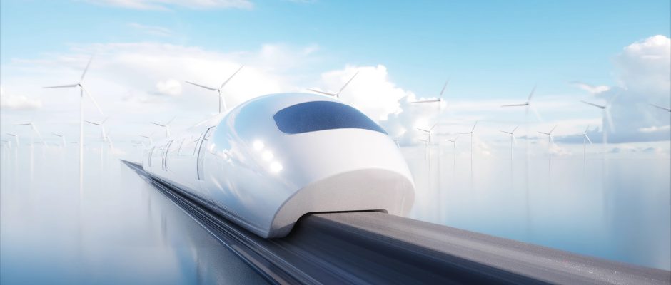 speedly Futuristic monorail train. Sci fi station. Concept of future. People and robots. Water and wind energy. 3d rendering