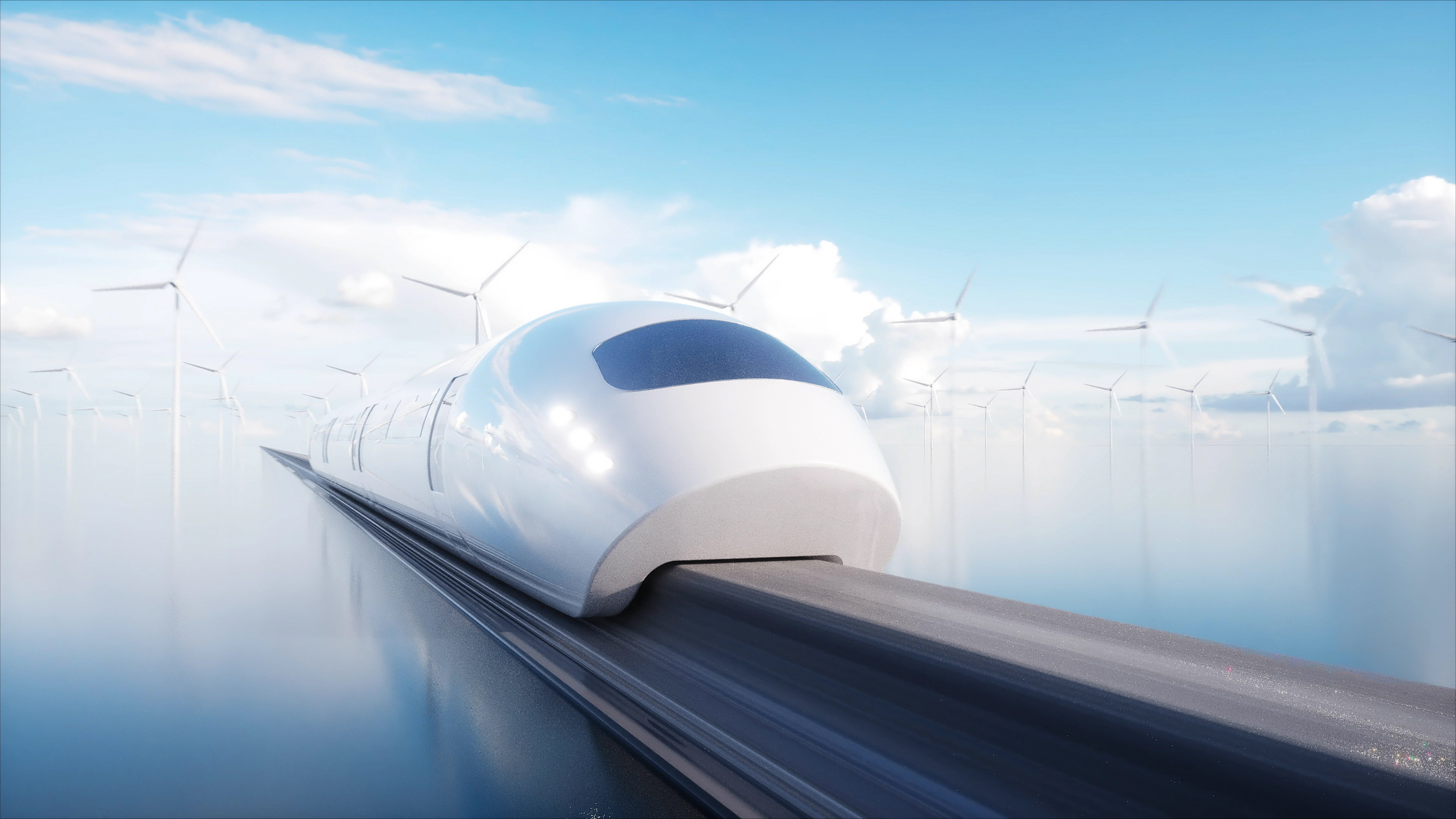 speedly Futuristic monorail train. Sci fi station. Concept of future. People and robots. Water and wind energy. 3d rendering